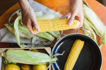 woman prepares corn for cooking in a bowl, top view from selfの写真素材