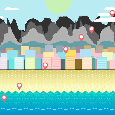 city view from the beach coast sea on mountains backgroundのイラスト素材