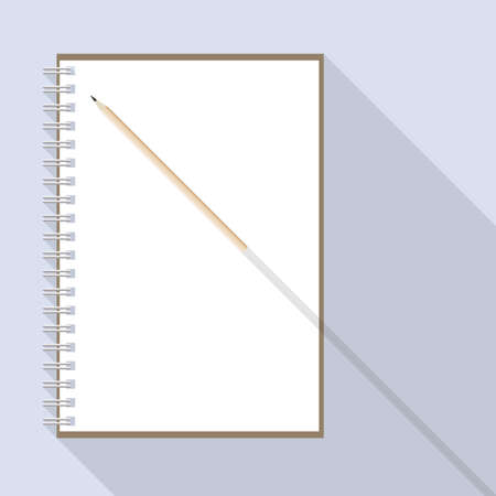 top view of flat vector design pencil and notebook with blank white sheet on background with long shadow effectのイラスト素材