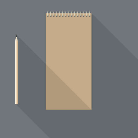 to left handed top view of flat vector design pencil and blank kraft paper notebook on background with long shadow effectのイラスト素材
