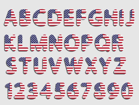 flat vector rounded American flag font alphabet letters and numerals with shadow and white glow like new paper effect designのイラスト素材