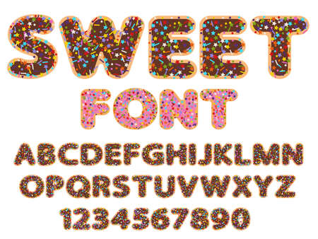 sweet flat vector rounded font alphabet and numeral signs with bakery sprinkles topping stars, dots and linesのイラスト素材