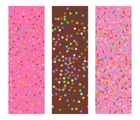three horizontal seamless flat vectors patterns of sprinkles stars, dots and lines as bakery candy or festive confetti backgroundのイラスト素材