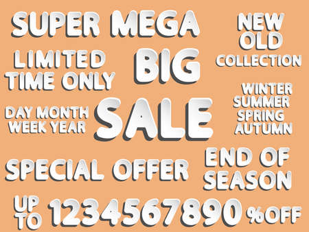 set of vector rounded word of different sale with white and gray gradient as new paper effect isolated on orange backgroundのイラスト素材