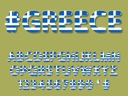 flat vector rounded Greek font alphabet letters and numerals with and flag pattern.のイラスト素材