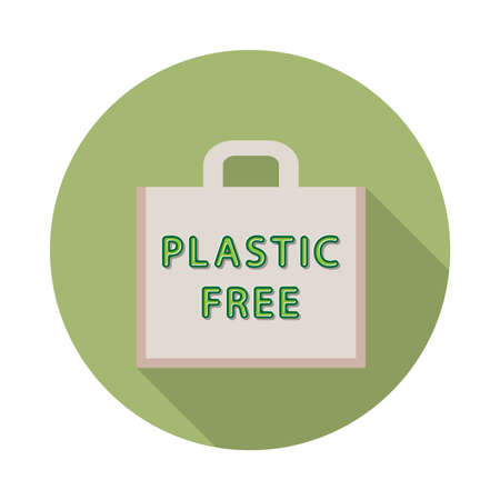 flat vector woven textile bag for products icon with long shadow in to green round geometric shape as zero waste, bpa and plastic free conceptのイラスト素材