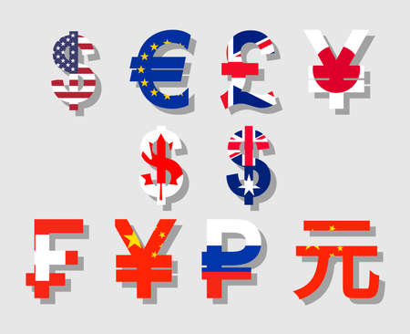 Flat vector with flag and shadow currency symbols icon set of USA, Canada, Australia, Britain, EU, Russia, China, Japanのイラスト素材