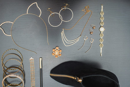 Top view flat lay of accessories of a woman to party