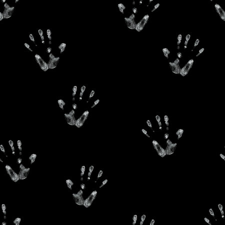 seamless hand drawn pattern of palm imprints drawn in white chalk isolated on black backgroundの写真素材