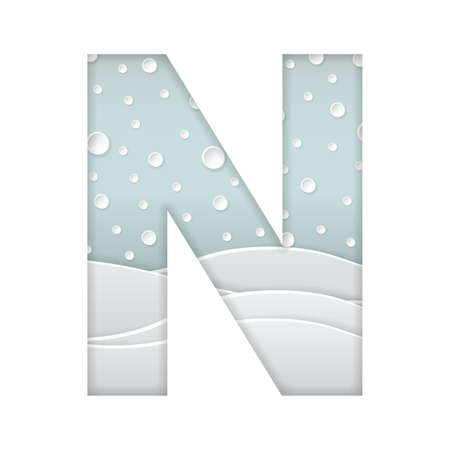 color vector illustration of paper art cut letter N with winter landscape with multi layers and shadows effect isolated on white backgroundのイラスト素材