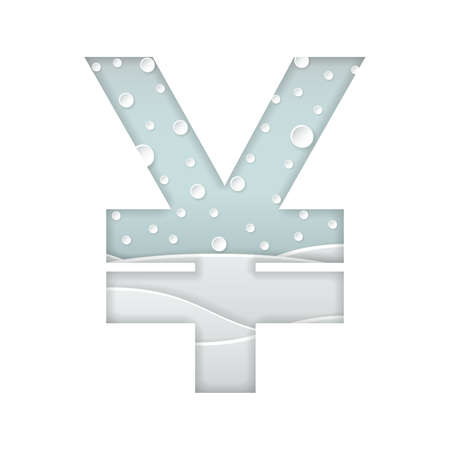 vector illustration of paper art cut currency sign of Chinese yuan and Japanese yen symbol with winter landscape with multi layers and shadows effect isolated on white backgroundのイラスト素材