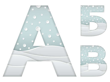 Set of color vector illustration of paper art cut cyrillic letters A, B, V with winter landscape with multi layers and shadows effect isolated on white backgroundのイラスト素材