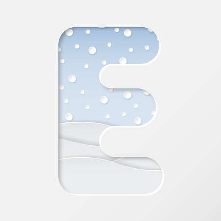 vector illustration of paper art cut letter E with winter landscape with multi layers and shadows effectのイラスト素材