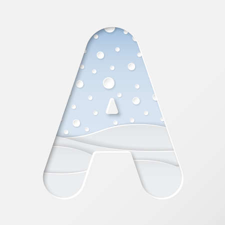 vector illustration of paper art cut letter A with winter landscape with multi layers and shadows effectのイラスト素材