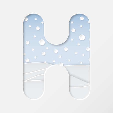 vector illustration of paper art cut letter H with winter landscape with multi layers and shadows effectのイラスト素材