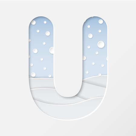 vector illustration of paper art cut letter U with winter landscape with multi layers and shadows effectのイラスト素材