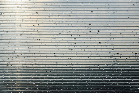 polycarbonate plastic panel in lines with drop water for greenhouse as abstract background