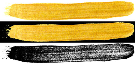 Illustration set of hand drawn gold and black colors paint smear stain isolated on white and black...