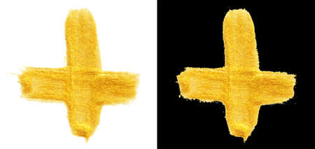 illustration set of hand drawn gold colors paint smear stain cross isolated on white and black backgroundsの写真素材