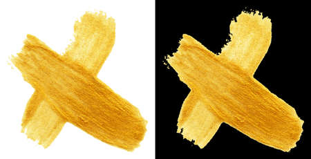 illustration set of hand drawn gold colors paint smear stain cross shapes isolated on white and black backgroundsの写真素材