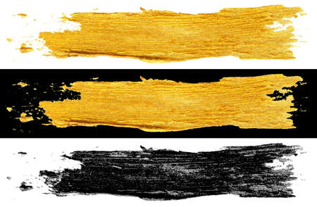illustration set of hand drawn gold and black colors paint smear stain strokes isolated on white and black backgroundsの写真素材