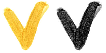 illustration set of hand drawn gold and black colors paint smear stain check mark isolated on white backgroundの写真素材