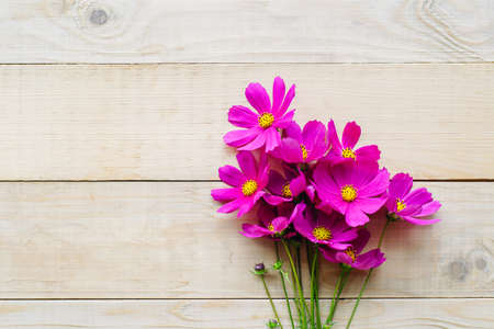 top view of bouquet of cosmos flower lay on wooden tableの写真素材