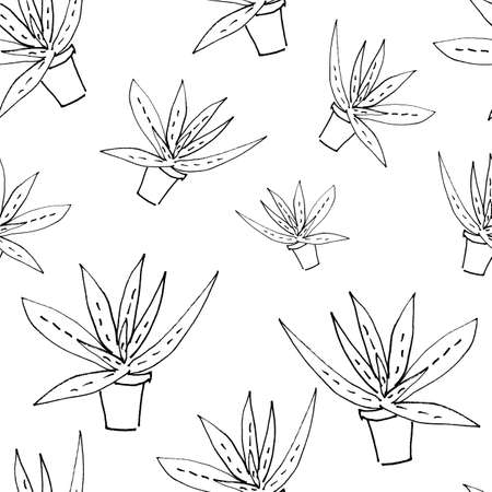 vector seamless pattern of aloe sketch drawn by black marker on white backgroundのイラスト素材