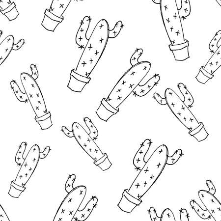 Vector seamless pattern of cactus sketch drawn by black marker on white backgroundのイラスト素材