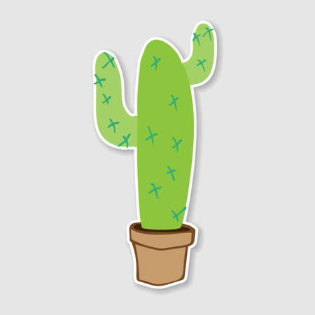 flat vector illustration of home green cactus in brown plastic pot for sticker, pin, patch, badgeのイラスト素材
