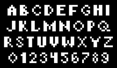 Pixel letters and numbers illustration on black background.のイラスト素材