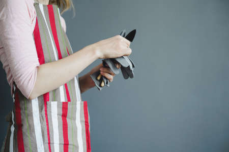 woman stands in striped apron with small metal shovel and gloves on gray wall background with copy space, stock photo imageの写真素材