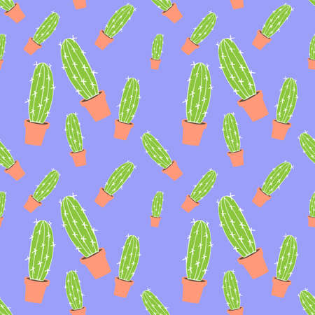 home blossom green cactus in brown  pot in doodle style, flat cartoon colors, seamless pattern isolated on lilac background, stock vector illustrationのイラスト素材