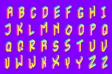 bold colorful isometric pixel 3d font. modern bright uppercase geometric alphabet letters set. stock vector illustration clipartのイラスト素材