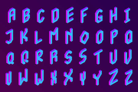 bold colorful isometric pixel 3d font. modern bright uppercase geometric alphabet letters set. stock vector illustration clipartのイラスト素材