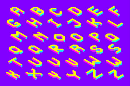 bold colorful isometric pixel 3d font. modern bright uppercase geometric alphabet letters set. stock vector illustration clipartのイラスト素材