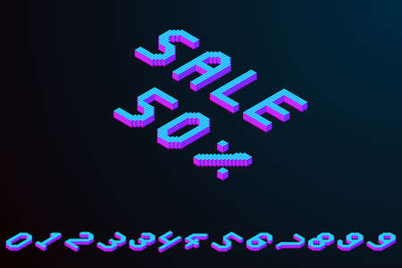 bold colorful isometric pixel 3d font. modern bright uppercase geometric alphabet numbers set. stock vector illustration clipartのイラスト素材