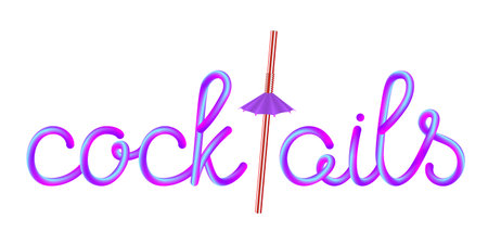 cocktails calligraphic colorful hand-drawn lettering with classic striped red white plastic drinking straw and violet umbrella isolated on white background, stock vector illustration clip artのイラスト素材