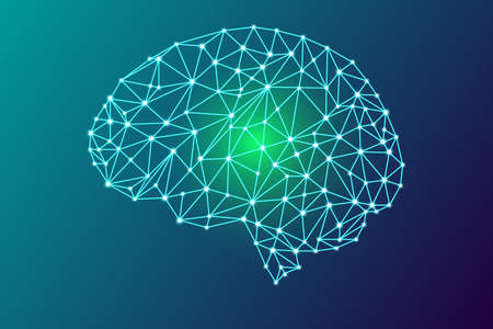 3d digital human brain, go green concept, glowing particles plexus structure, abstract technology and science stock vector illustration blue backgroundのイラスト素材
