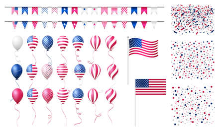 3d design elements set for usa celebration holiday party, objects for poster, cards, banner isolated on a white background, stock vector illustration clip artのイラスト素材