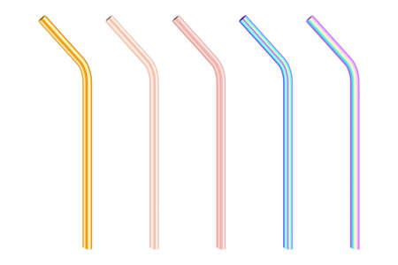 gold and colorful colored metal reusable bending drinking straws as alternative replacement to disposable plastic and paper tubes for vip party or day of birth, stock vector illustration 3d objectsのイラスト素材