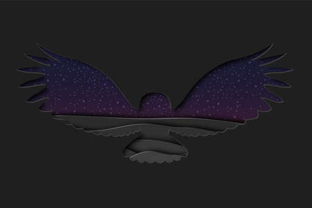 north arctic polar snowy white owl in paper cut craft style with night winter landscape background, horizontal stock vector illustration clip art with copy spaceのイラスト素材