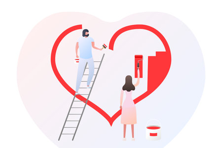 couple man and woman draw and paint red heart on wall, stock vector illustration clip art in flat...