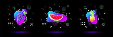 bright neon colored gradient pineapple, watermelon, grape fruit with vivid colorful abstract fluid liquid and geometric memphis shapes background, stock vector illustration clip art template setのイラスト素材