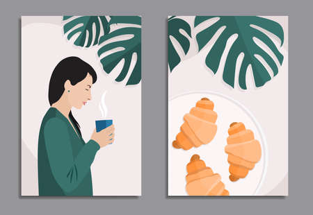 european woman with black hair in green cardigan standing with cup of hot drink and croissants on plate, with monstera background, stock vector illustration in soft pastel colors for diptych designのイラスト素材