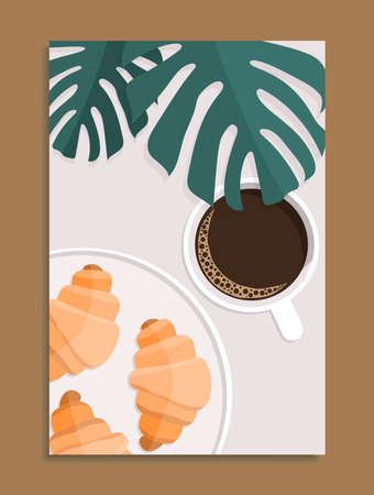cup of hot coffee, baked croissants on plate and green monstera leaves, stock vector illustration vertical posterのイラスト素材