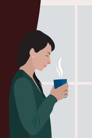 white woman with black hair in green cardigan holding cup with hot drink near window, stock vector illustration clip art in soft pastel colors for poster, cover, postcardのイラスト素材