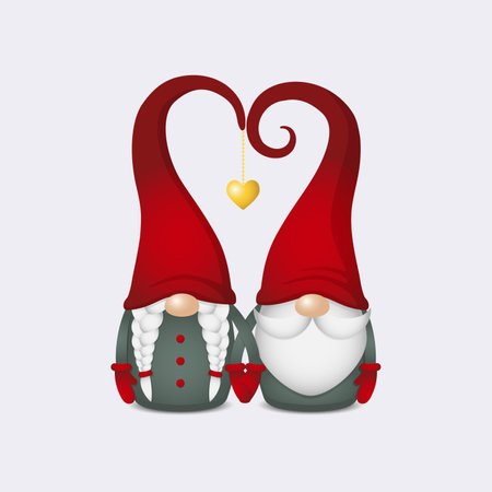 two scandinavian gnomes with red hats in heart shape with gold heart hold hands, cute nordic tomte couple, stock vector illustration character clipart for designのイラスト素材