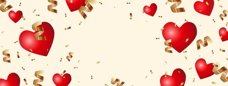 flying and falling realistic 3d red hearts and shiny glitter golden confetti, festive stock vector illustration background with copy space for text, design element for poster, header, banner, linkのイラスト素材