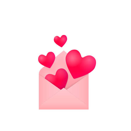 flying and falling red hearts from open pink paper envelope, festive stock vector illustration design element isolated on white backgroundのイラスト素材